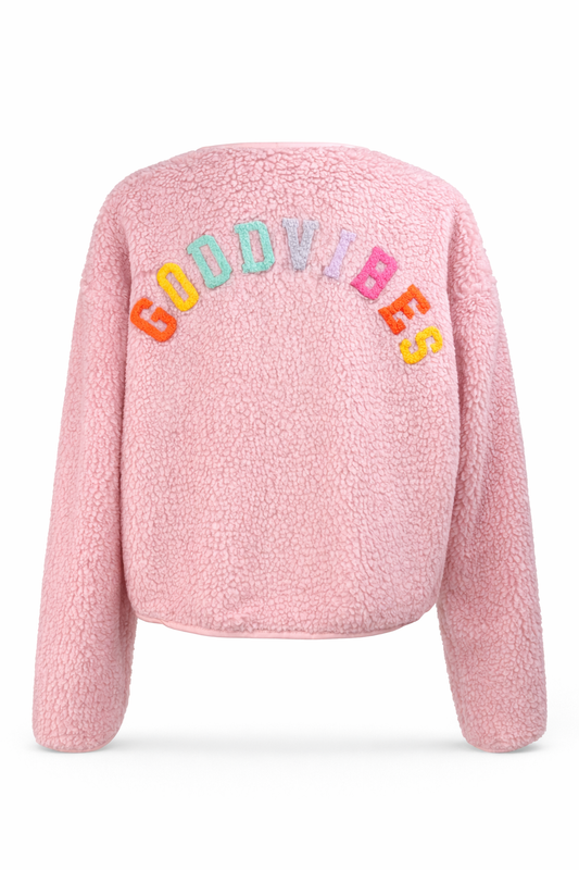 Bomberjacke in Teddy-Optik mit Statement-Rückenprint rosa, Gr. 36-42