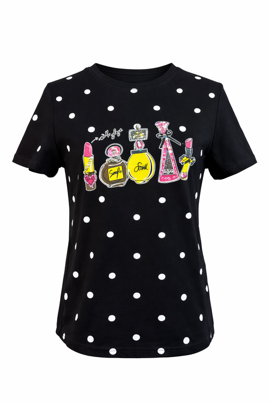 T-Shirt mit Polka Dots & Beauty-Print schwarz, Gr. 36-38