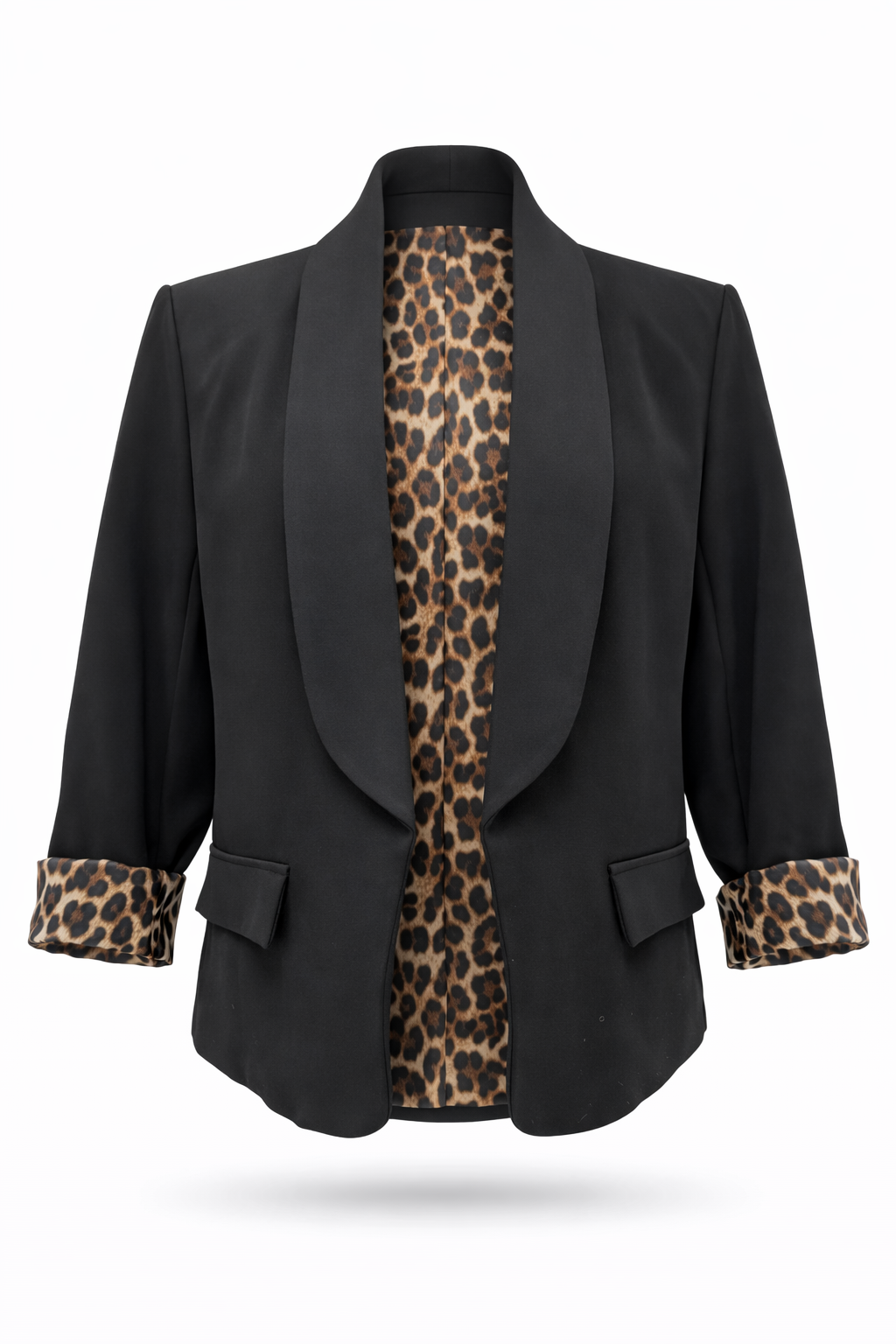 Moderner Blazer schwarz mit Reverskragen und Leo-Detail, Gr. 34-44