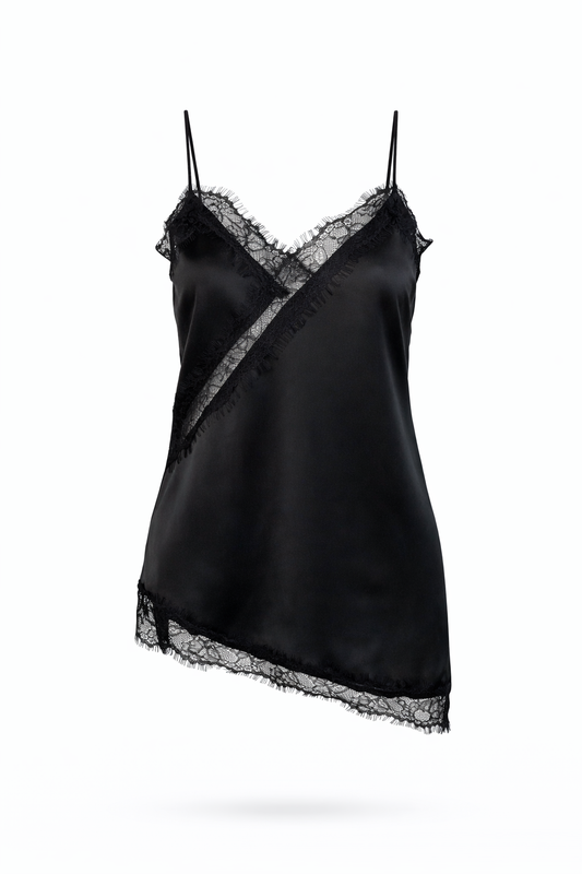 Satintop mit Spitze asymmetrisch schwarz, Gr. 34-36