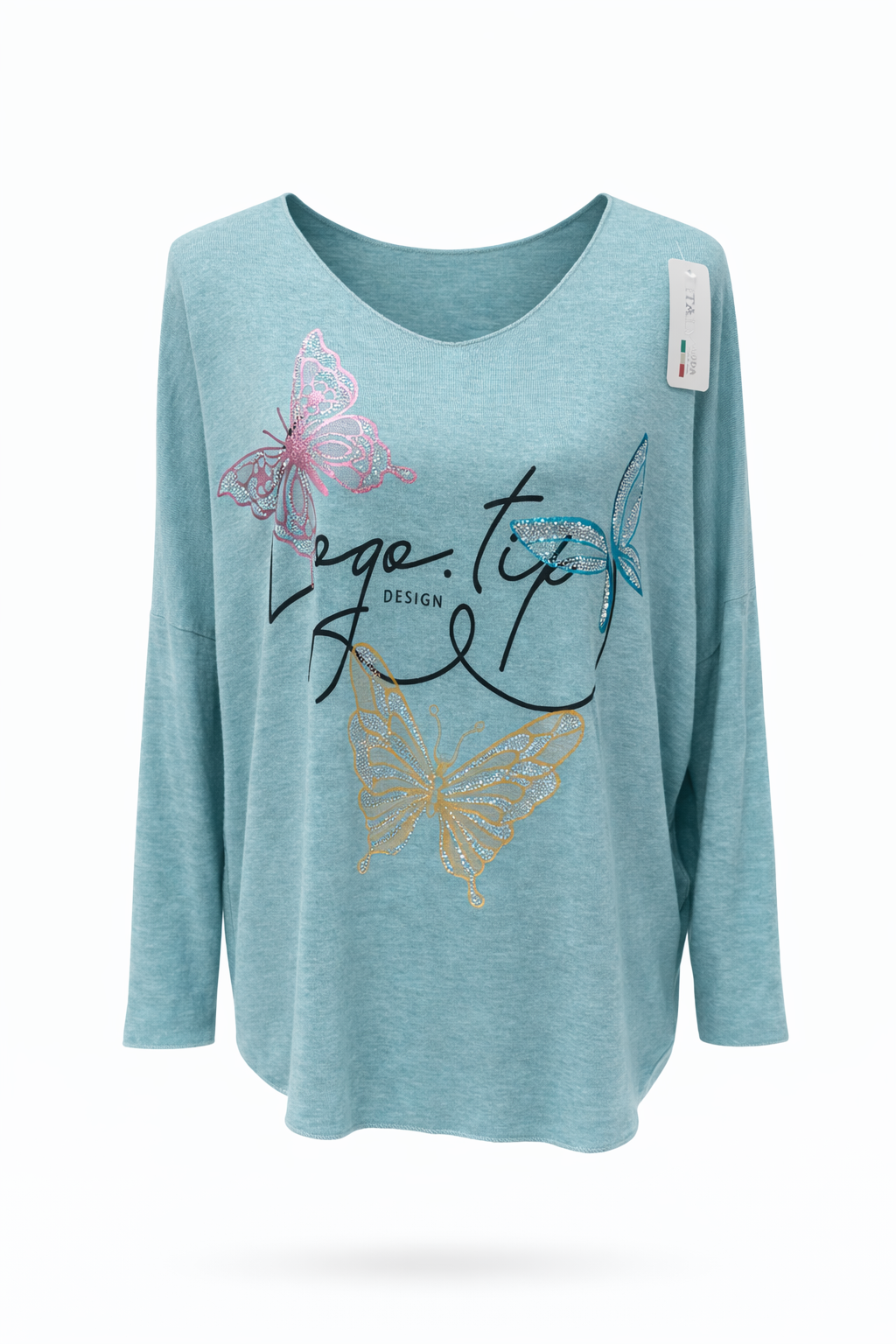 Langarmshirt mit Schmetterlingsprint & Strassdetails mint, Gr. 38-44