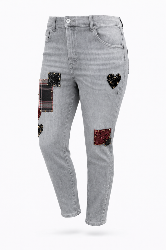 Jeans Pailletten + Patches grau, Gr. 36-42