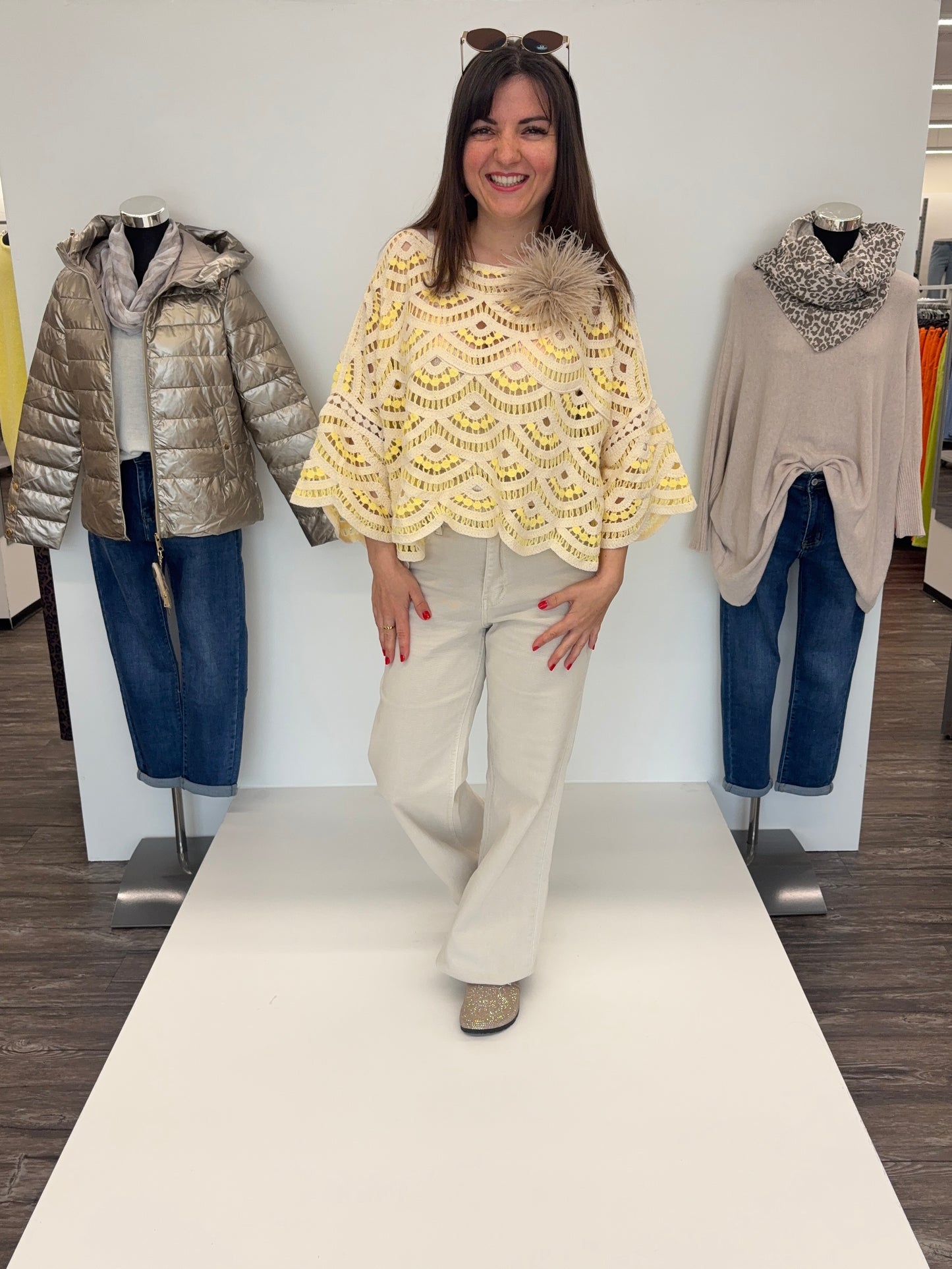 Häkelpullover gelb/beige, Gr. 36-42