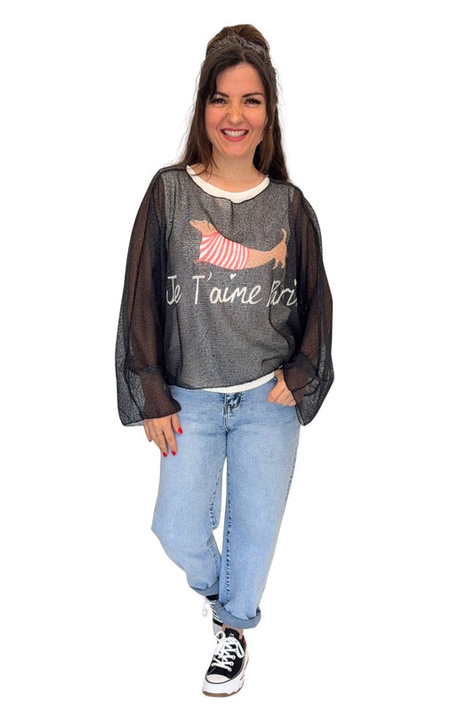 Feinstrickpullover + Top "Je t'aime Paris" schwarz Gr. 36-42