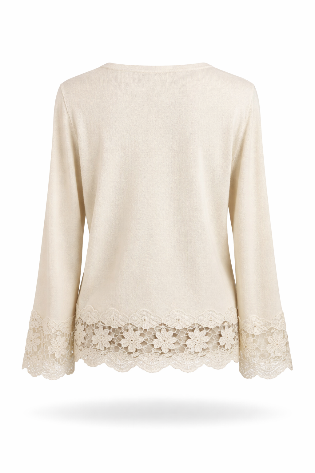 Damen langarm Shirt mit ausgestellten Ärmeln & Spitze beige, Größe 36-40