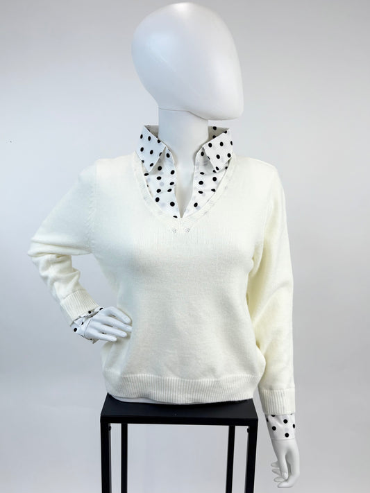 Pullover mit Polka-Dot Blusenkragen wollweiß, Gr. 36-42