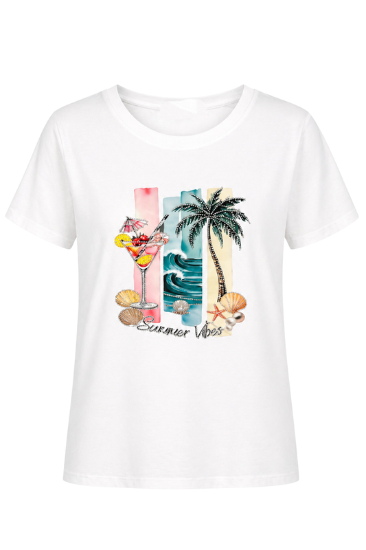T-Shirt „Summer Vibes“ mit Glitzersteinen, Gr. 36-42
