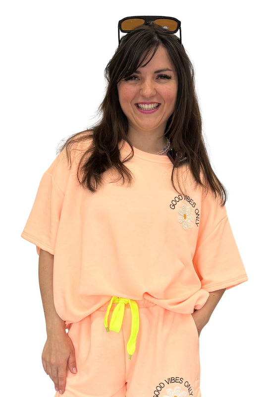 Kurzarm Sweatshirt "Good vibes only" apricot, Gr. 36-44