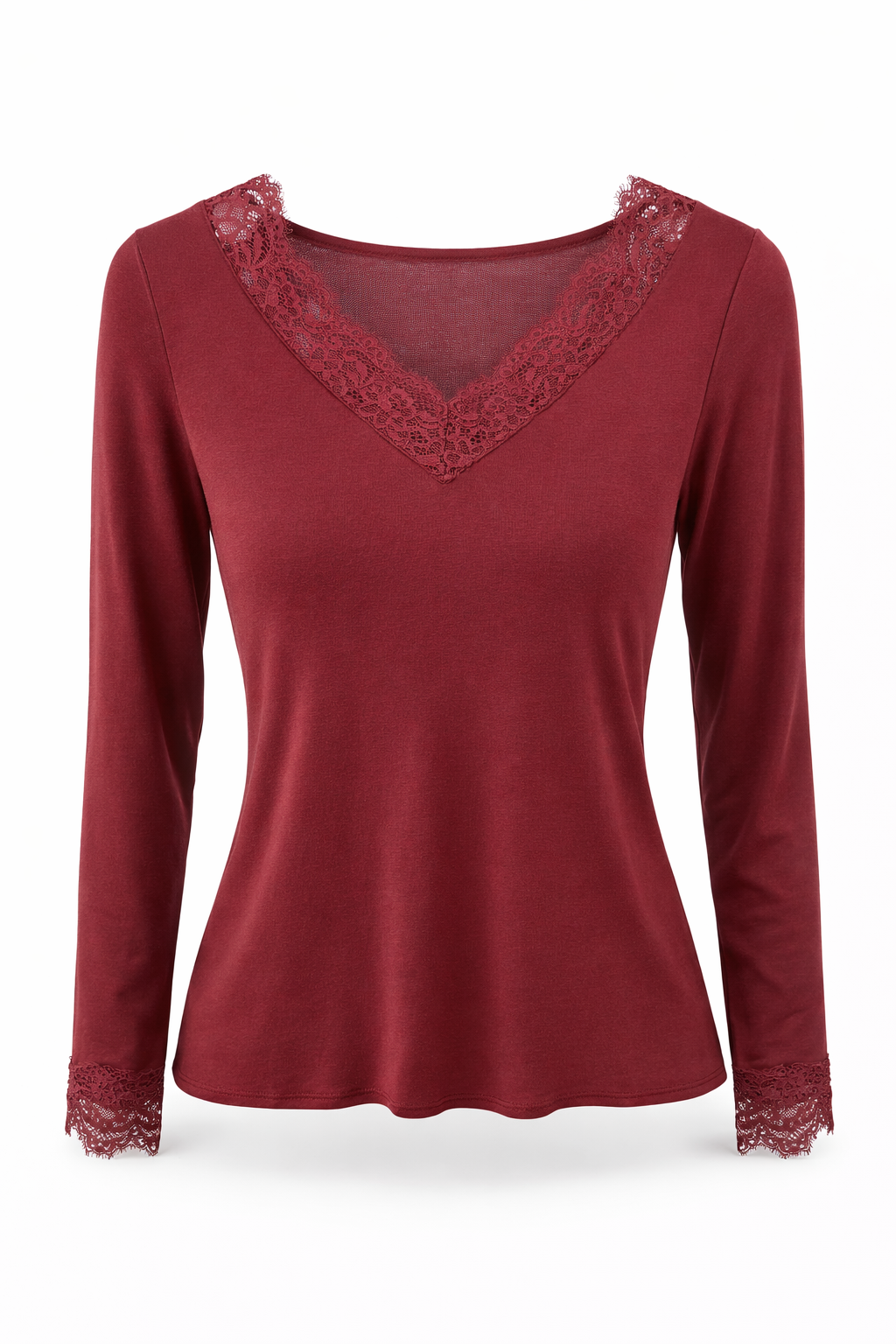 Elegantes Langarmshirt mit Spitze Bordeaux Gr. 38