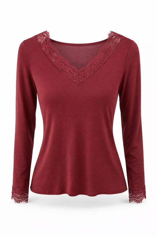 Elegantes Langarmshirt mit Spitze Bordeaux Gr. 38