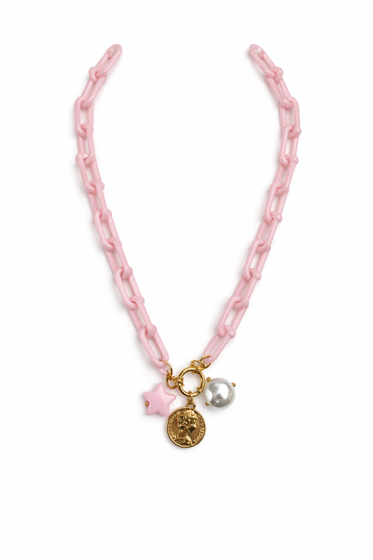 Rosafarbene Statement-Kette mit Charms