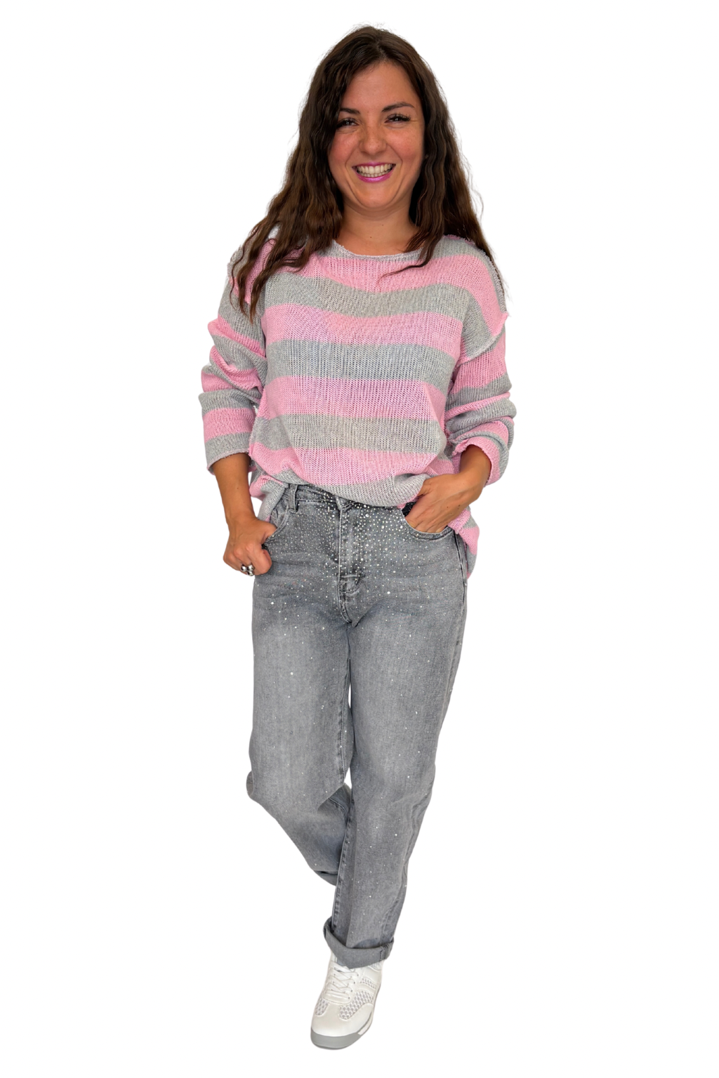 Bella Strickpullover rosa/grau, Gr. 36-42