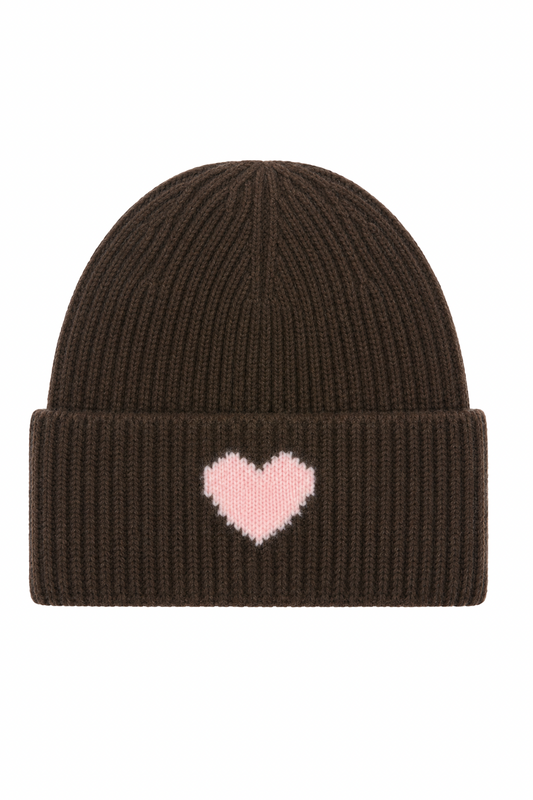 Strickmütze Amour schokobraun (Herz in rosa)