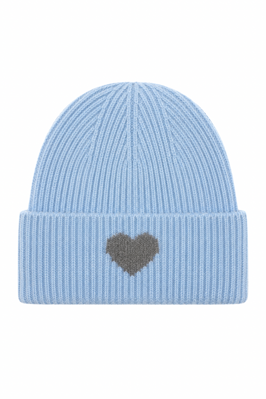 Strickmütze Amour hellblau (Herz in grau)