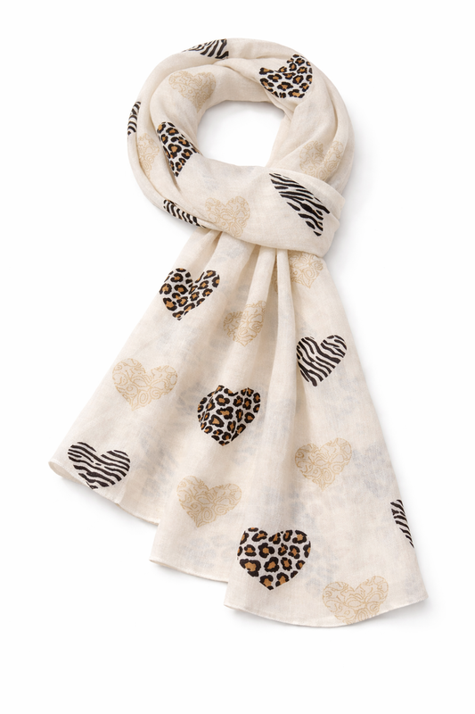 Herz- + Animal-Print Schal beige
