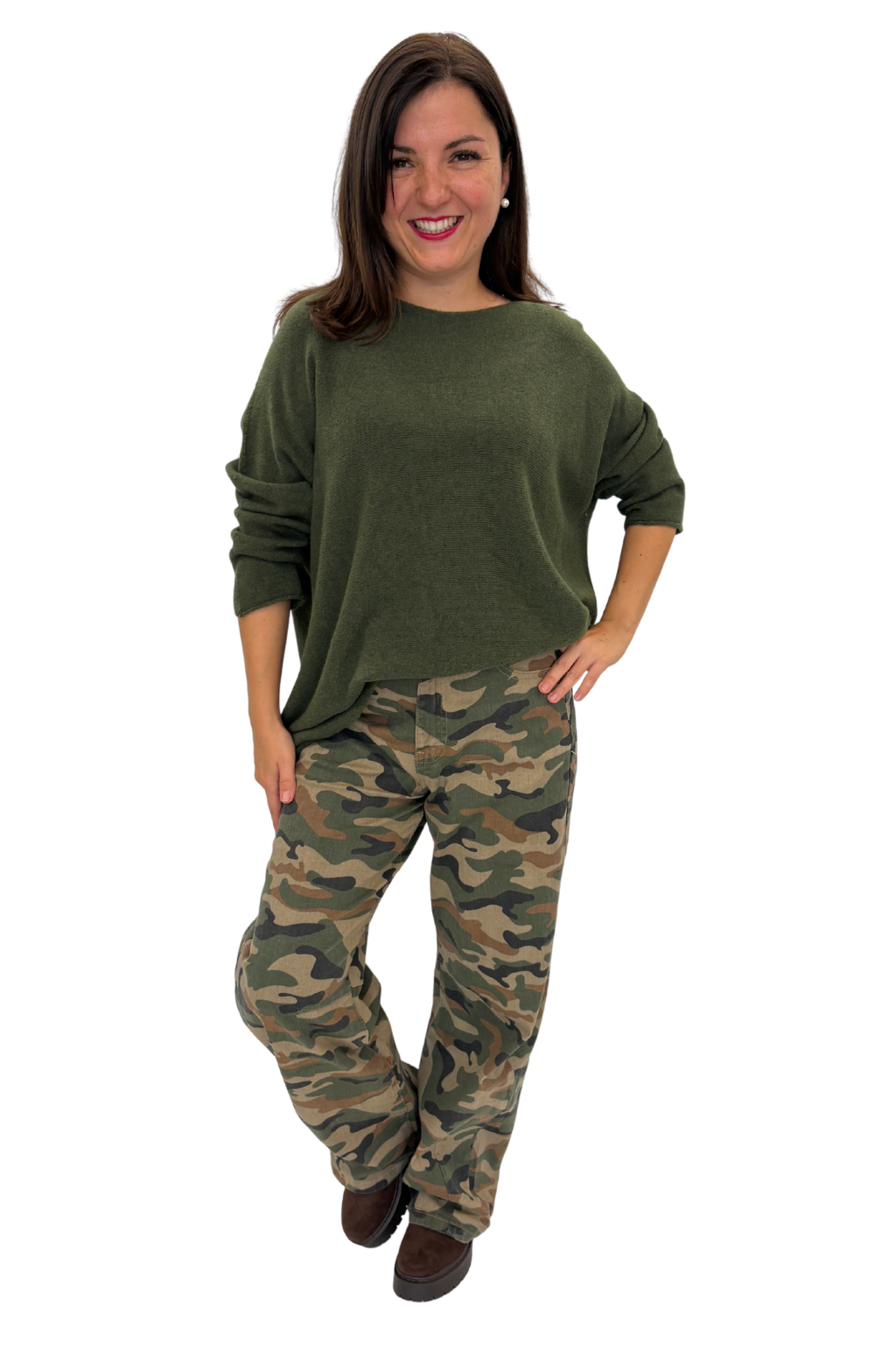 Soft Rundhals Pullover oliv, Gr. 38-46