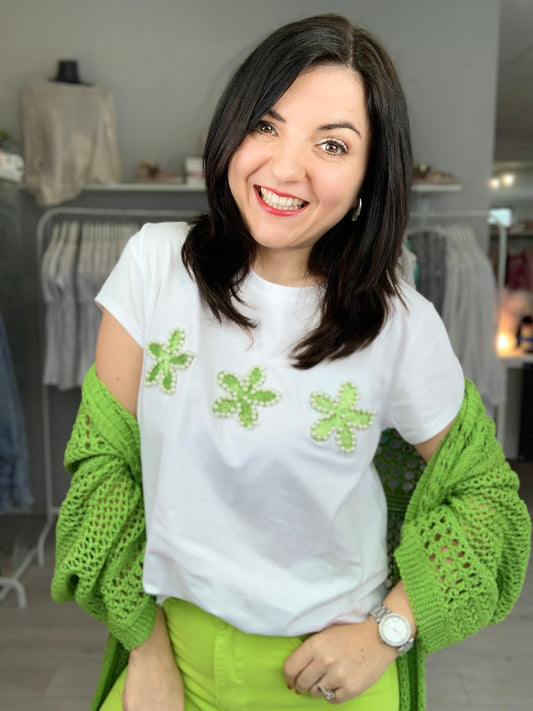 T-Shirt mit Glitzerblumen grün