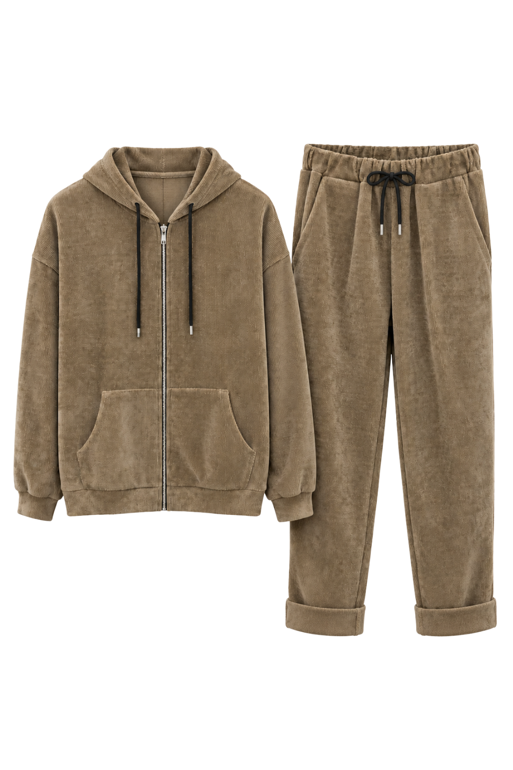 Kuschelweiches Wohlfühl-Set mit Kapuzenjacke & Hose taupe, Gr.  36-42