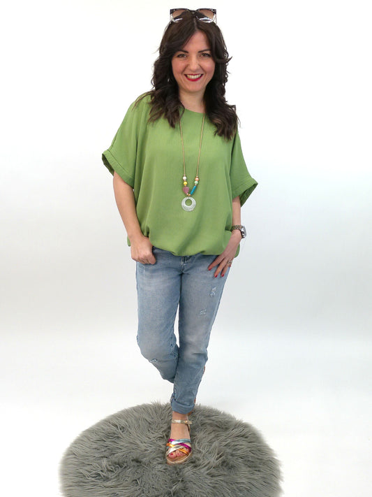 Bluse kurzarm mit Kette oliv, Gr. 36-42