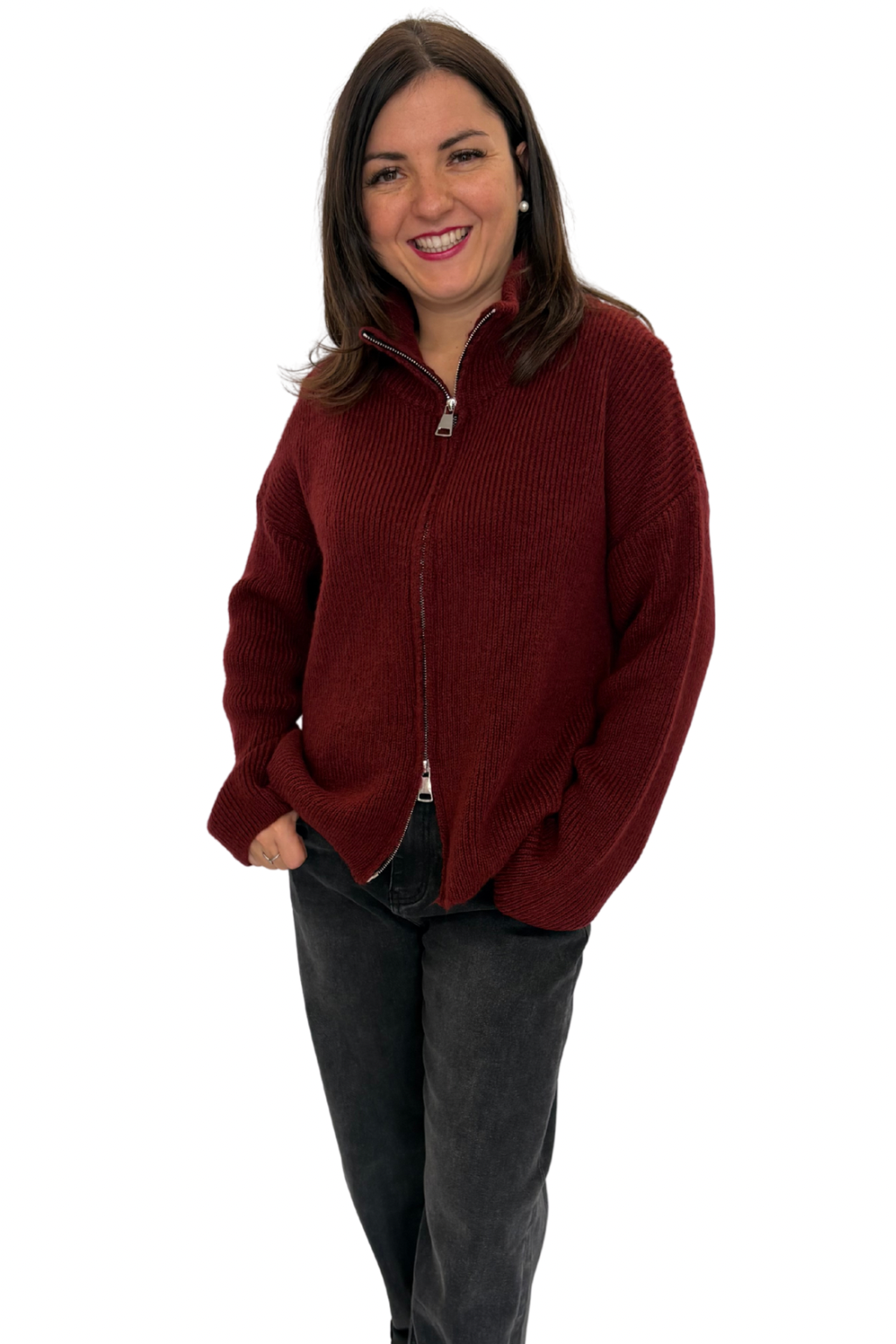 Strickjacke Stehkragen bordeaux, Gr. 34-40