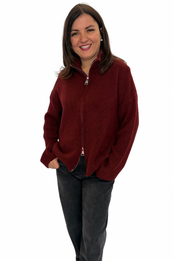 Strickjacke Stehkragen bordeaux, Gr. 34-40