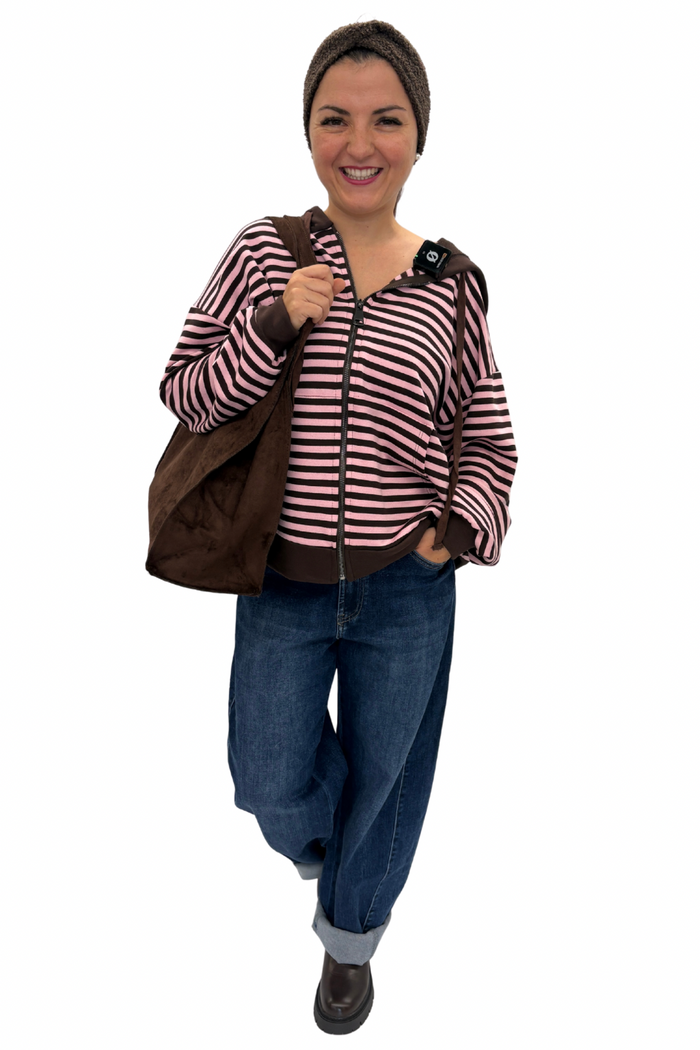 Streifenjacke Lola mit Kapuze rosa/braun, Gr. 36-44