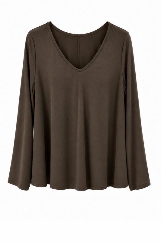 Longsleeve „Lina“ mit V-Ausschnitt olivbraun, Gr. 36-42