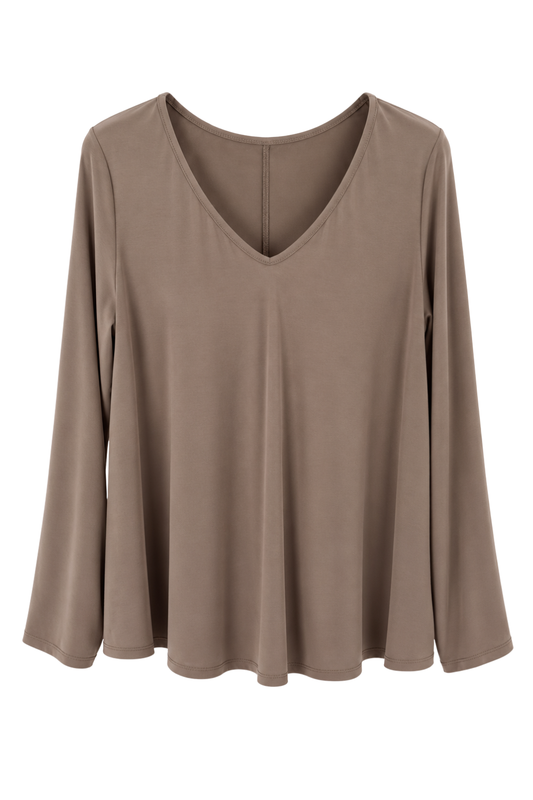 Longsleeve „Lina“ mit V-Ausschnitt taupe, Gr. 36-42
