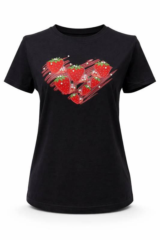 Damen T-Shirt mit Erdbeer-Herz & Perlenverzierung schwarz, Gr. 34-38