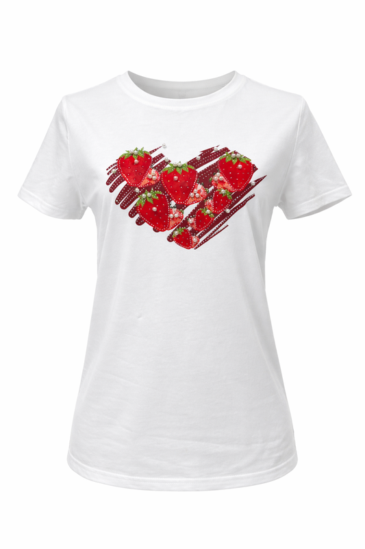 Damen T-Shirt mit Erdbeer-Herz & Perlenverzierung weiß, Gr. 36-38