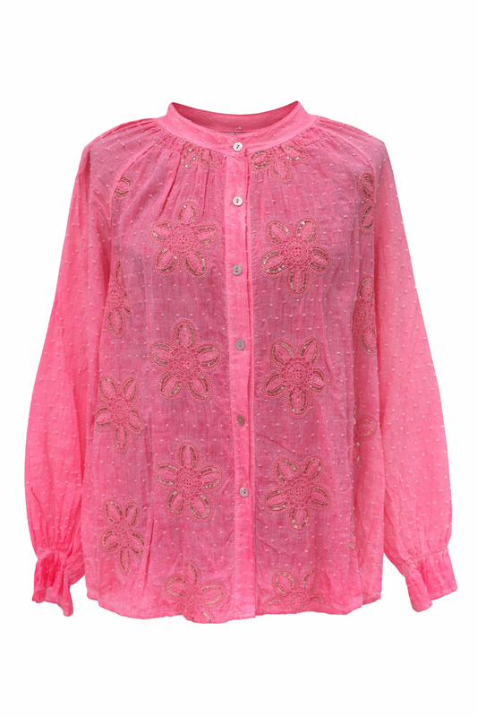Bluse mit floraler Stickerei neonpink, Gr. 38-44