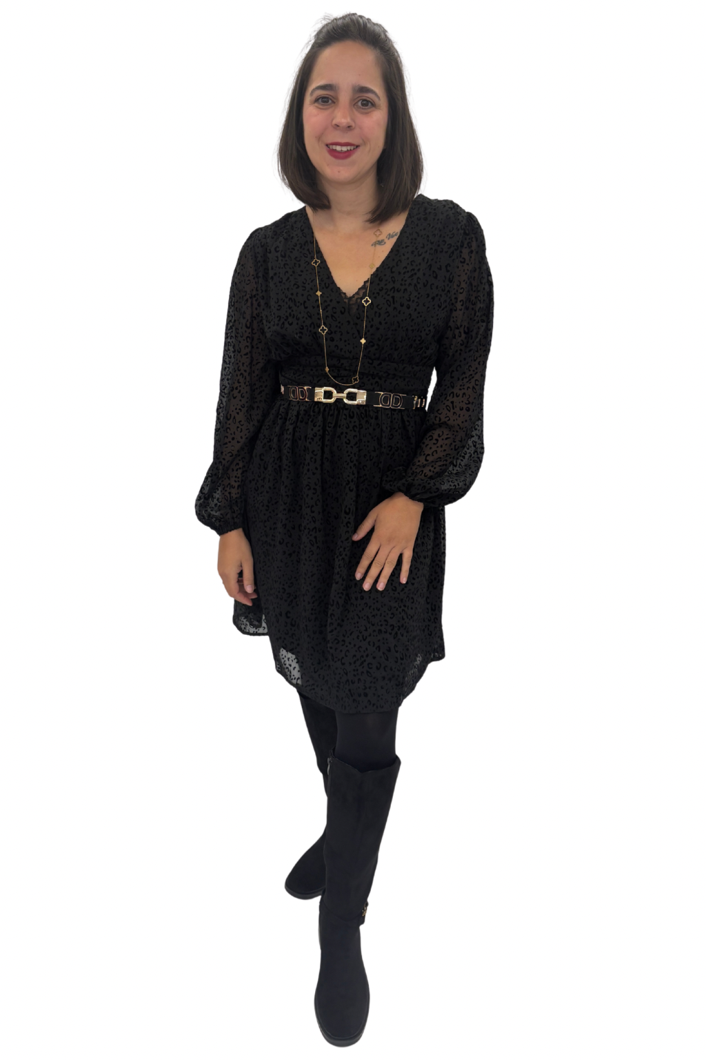 Elegantes Kleid mit Leo-Muster schwarz; Gr. 36-48
