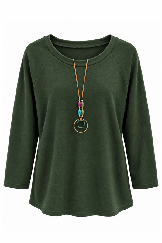 Lässiges Shirt mit Schmuckkette oliv, Gr. 36-42