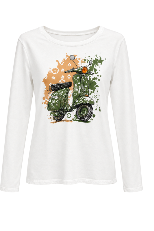 Langarmshirt „Dolce Vita“ mit Rollermotiv weiß/grün, Gr. 34-38