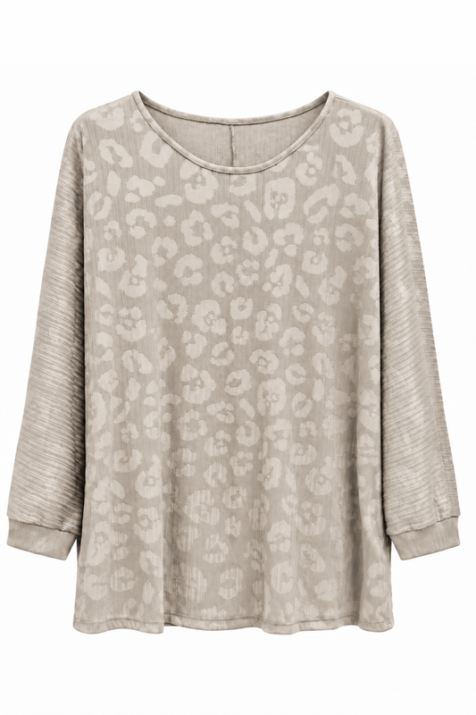 Lockeres Strukturshirt mit Leo-Muster kühles beige, Gr. 38-44