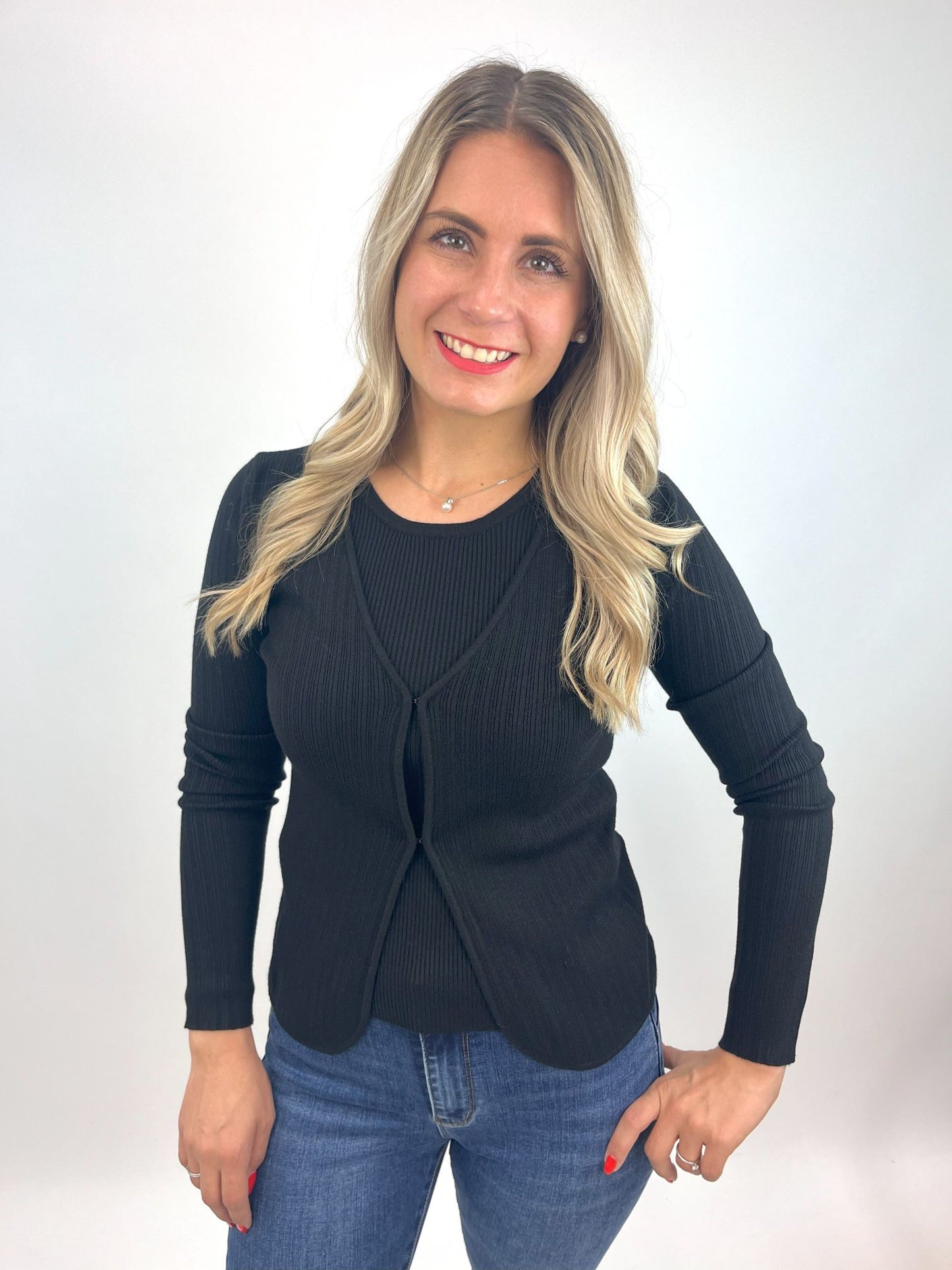 2 in 1 Set Cardigan + Top schwarz, Gr. 34-40