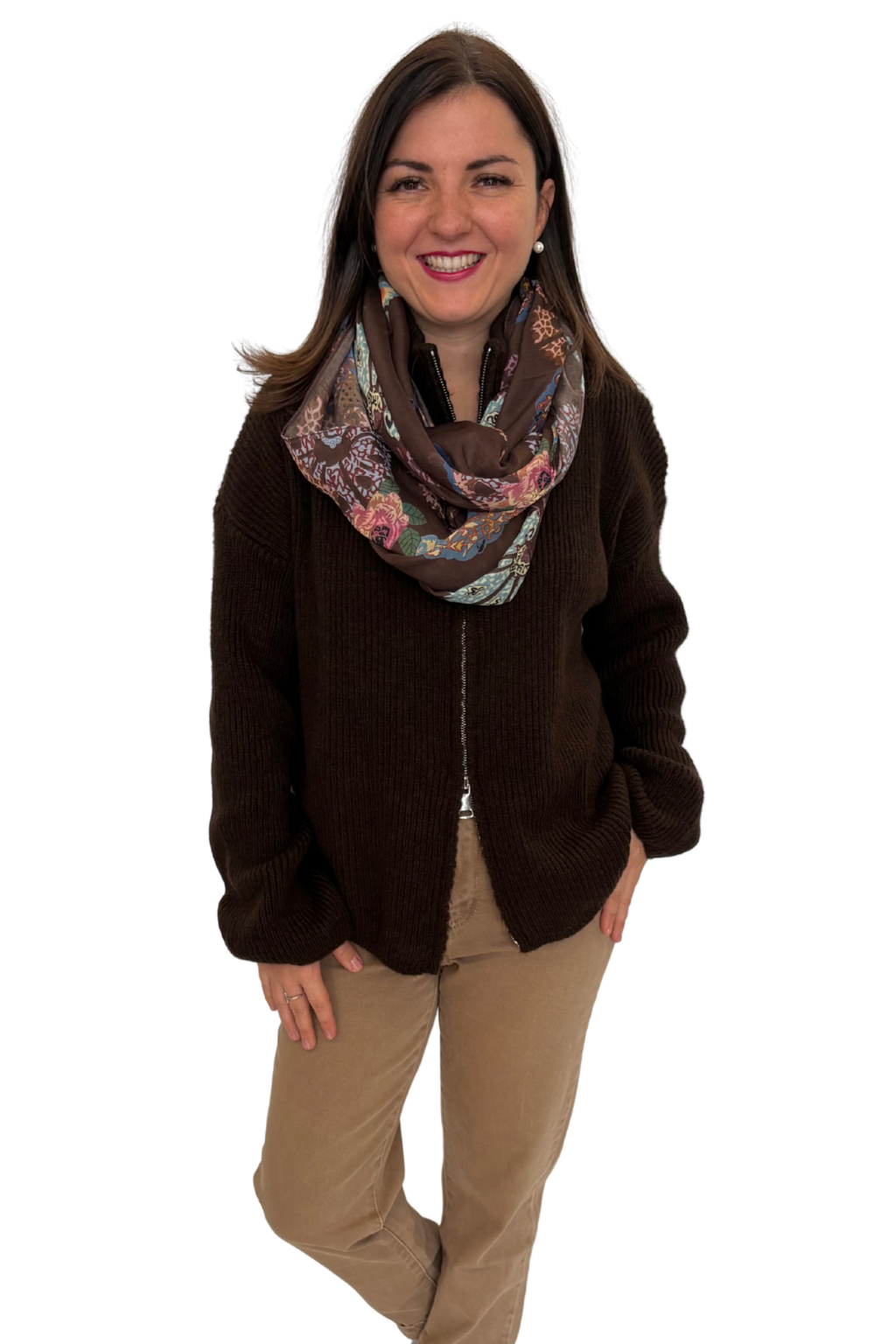Strickjacke Stehkragen braun, Gr. 34-40