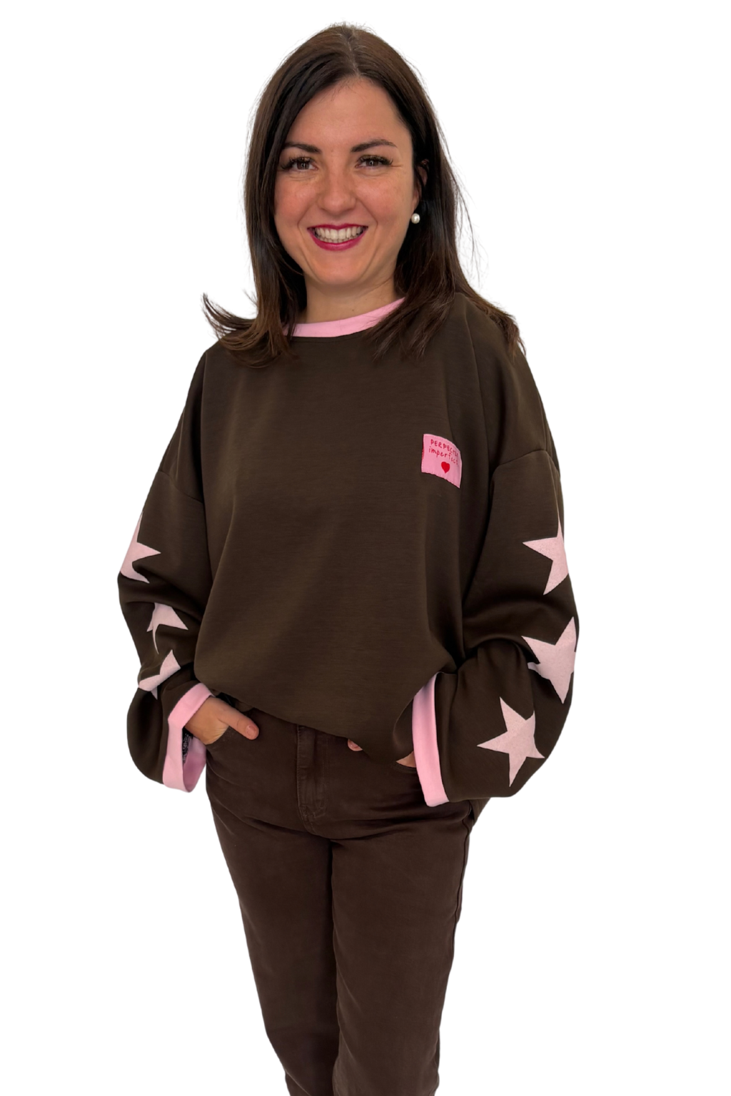 Oversize Pullover mit Sternen am Arm schokobraun, Gr. 40-46