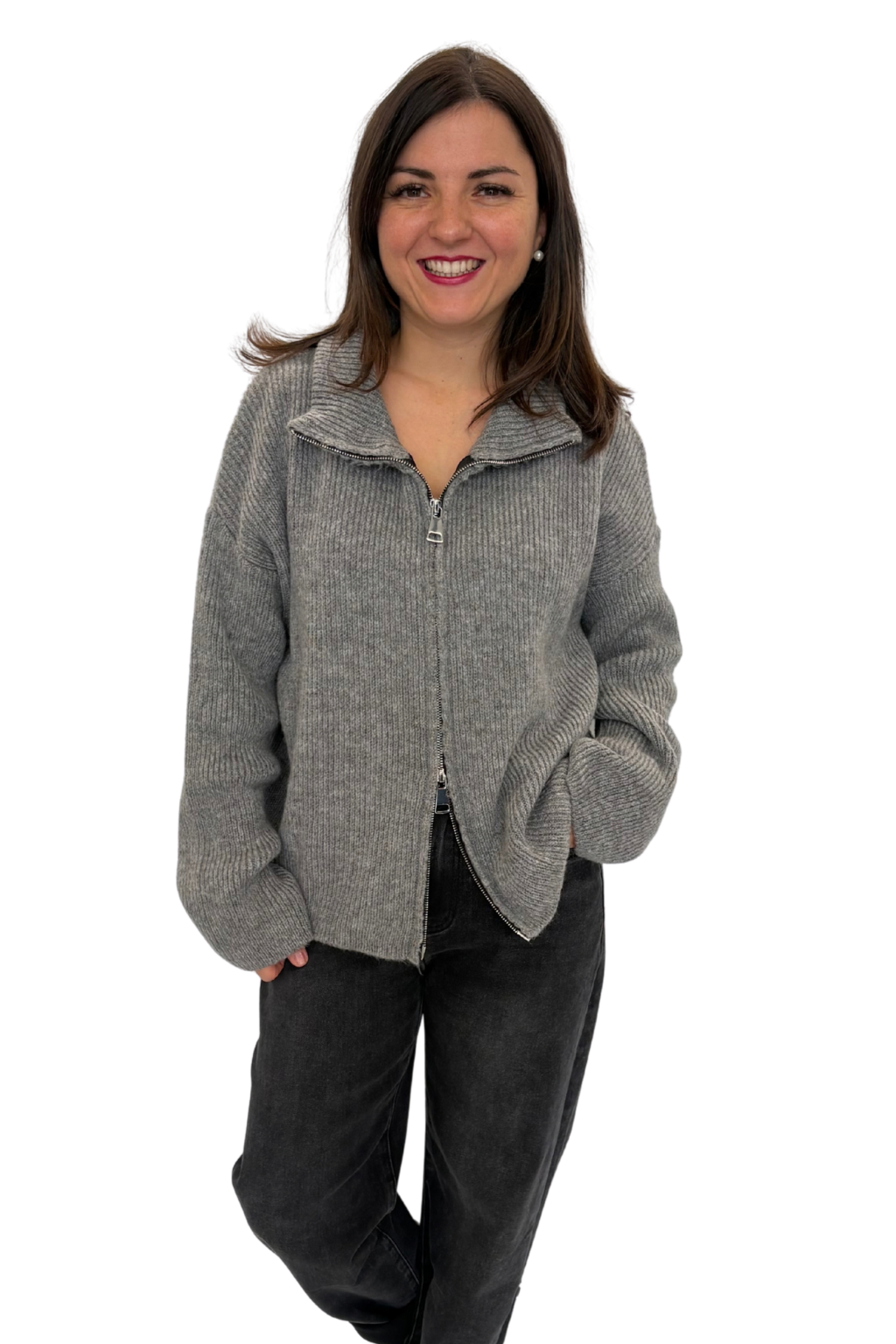 Strickjacke Stehkragen grau, Gr. 34-40