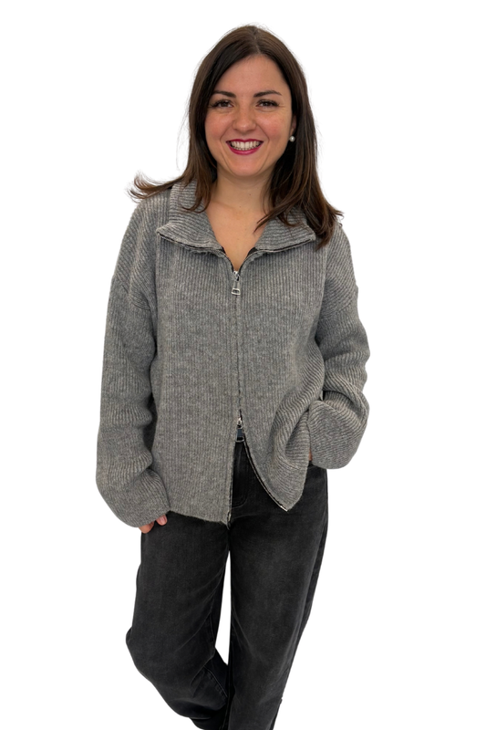 Strickjacke Stehkragen grau, Gr. 34-40