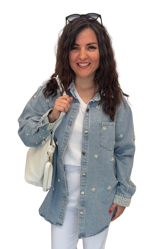 Jeansbluse mit Perlendetails, Gr. 34-40