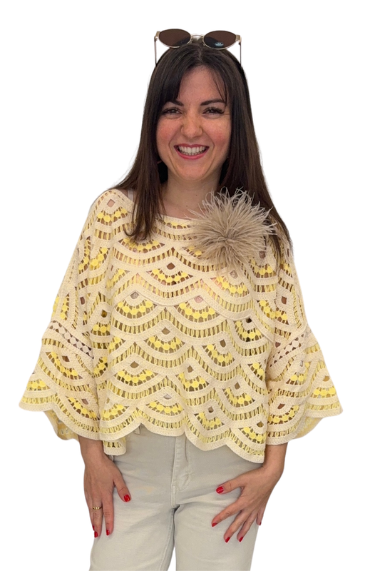 Häkelpullover gelb/beige, Gr. 36-42