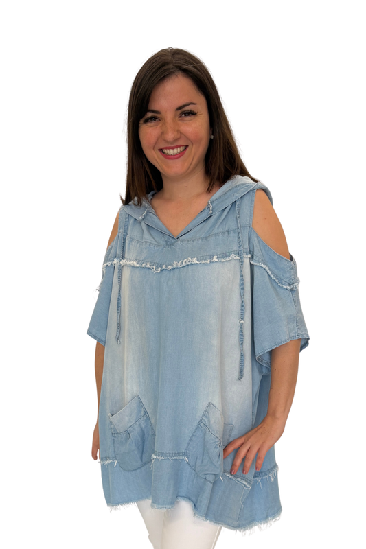Jeansbluse mit Kapuze, Gr. 38-44