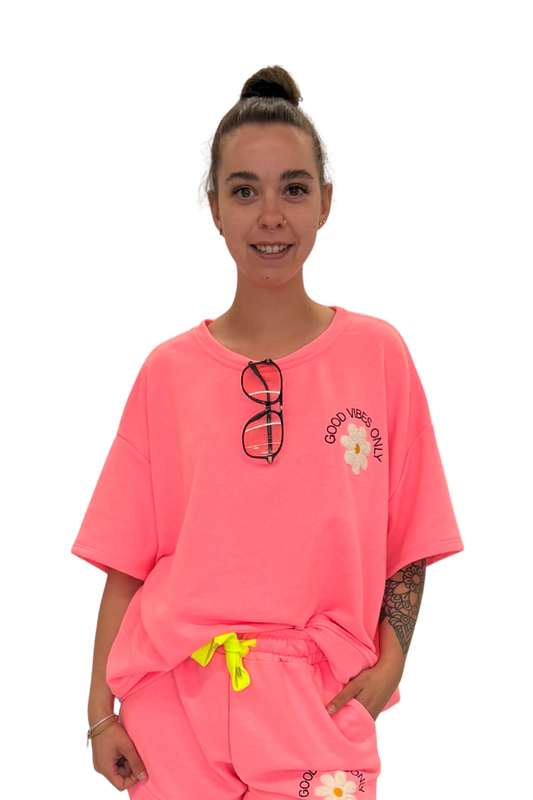 Kurzarm Sweatshirt "Good vibes only" neonpink, Gr. 36-44