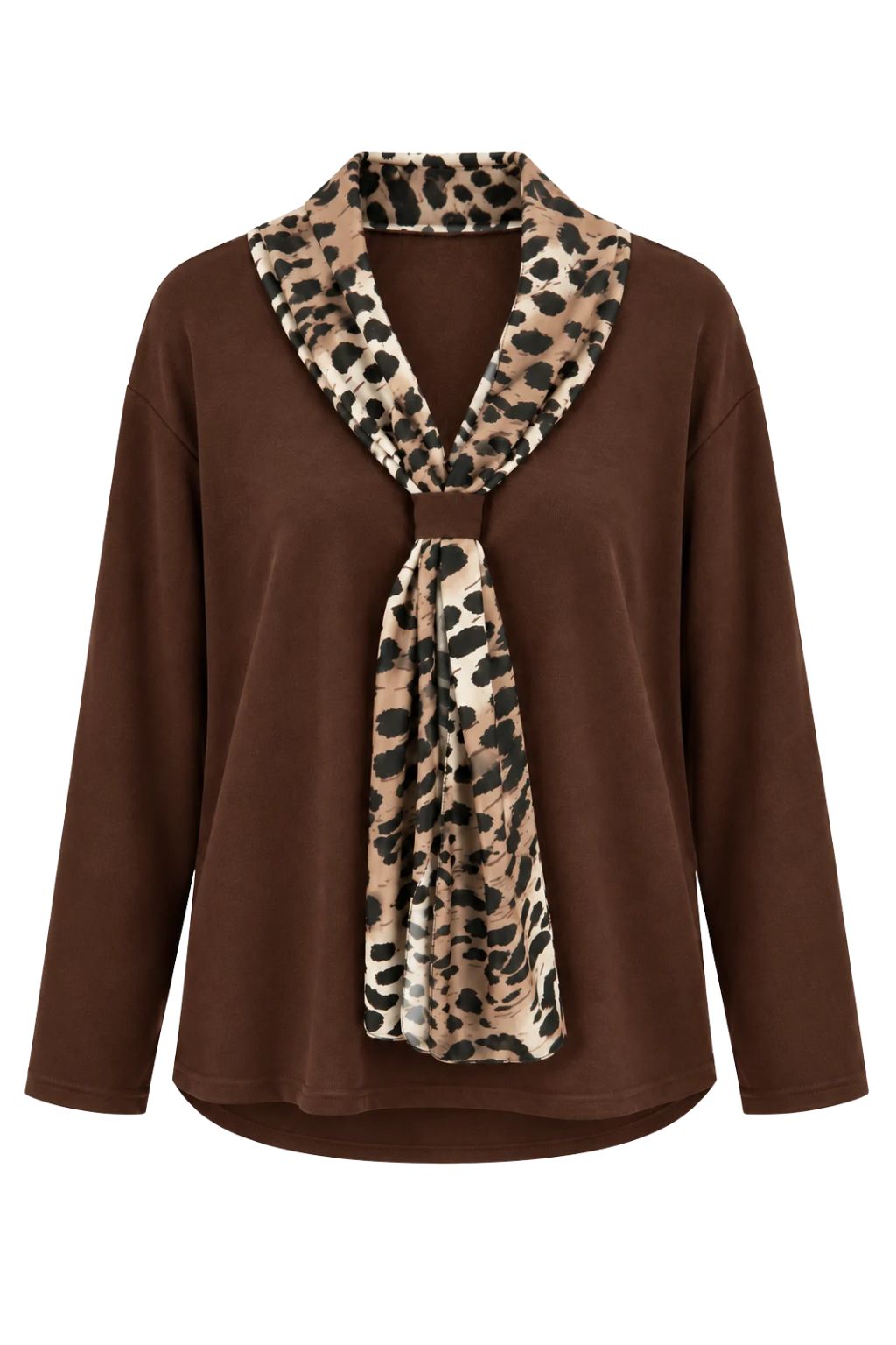 Shirt mit Leo-Schal schokobraun, Gr. 36-44