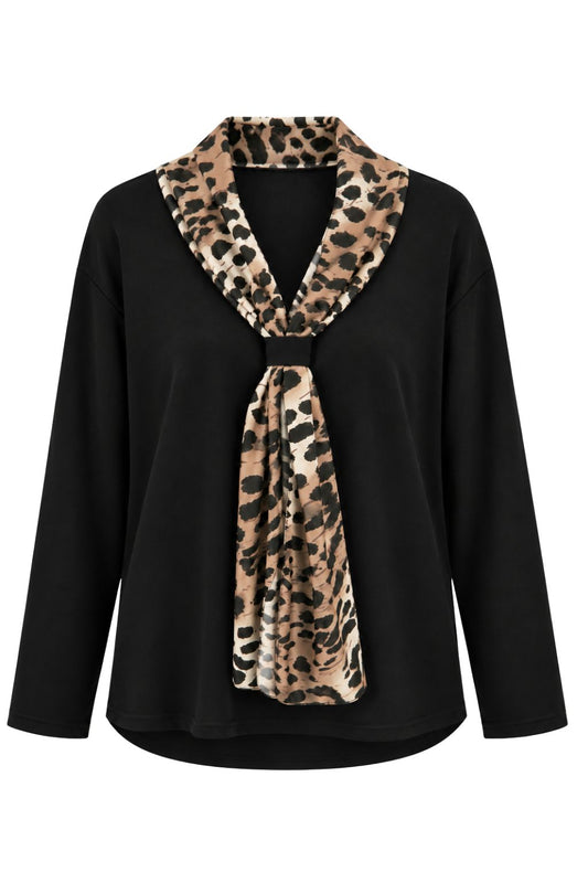 Shirt mit Leo-Schal schwarz, Gr. 36-44