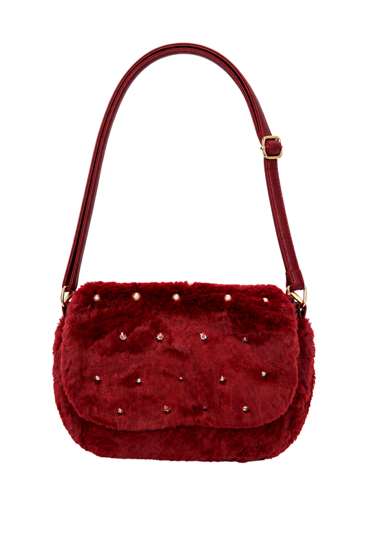 Plüsch-Schultertasche mit Schmucksteinen bordeux