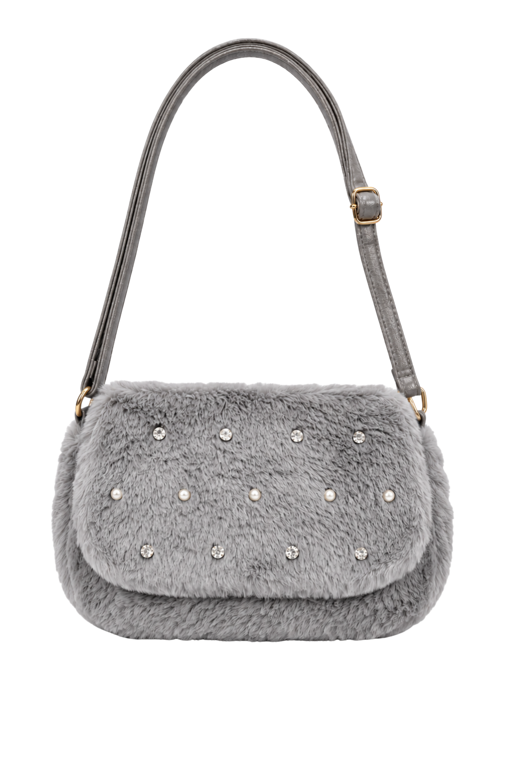 Plüsch-Schultertasche mit Schmucksteinen grau