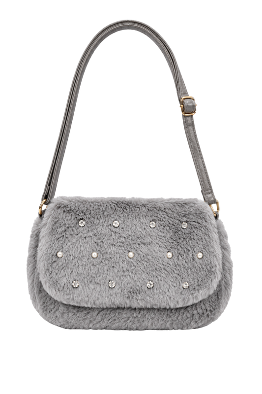 Plüsch-Schultertasche mit Schmucksteinen grau