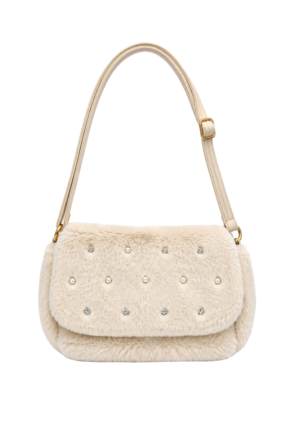 Plüsch-Schultertasche mit Schmucksteinen beige
